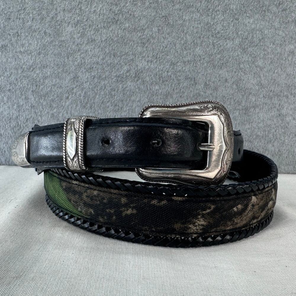 Nocona Men's 44 Western Belt Embossed Silver Tone Buckle Camo Black Leather Belt
